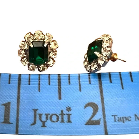 Vintage Emerald Cubic Zirconia Halo Earrings Costume Jewelry - Picture 5 of 5